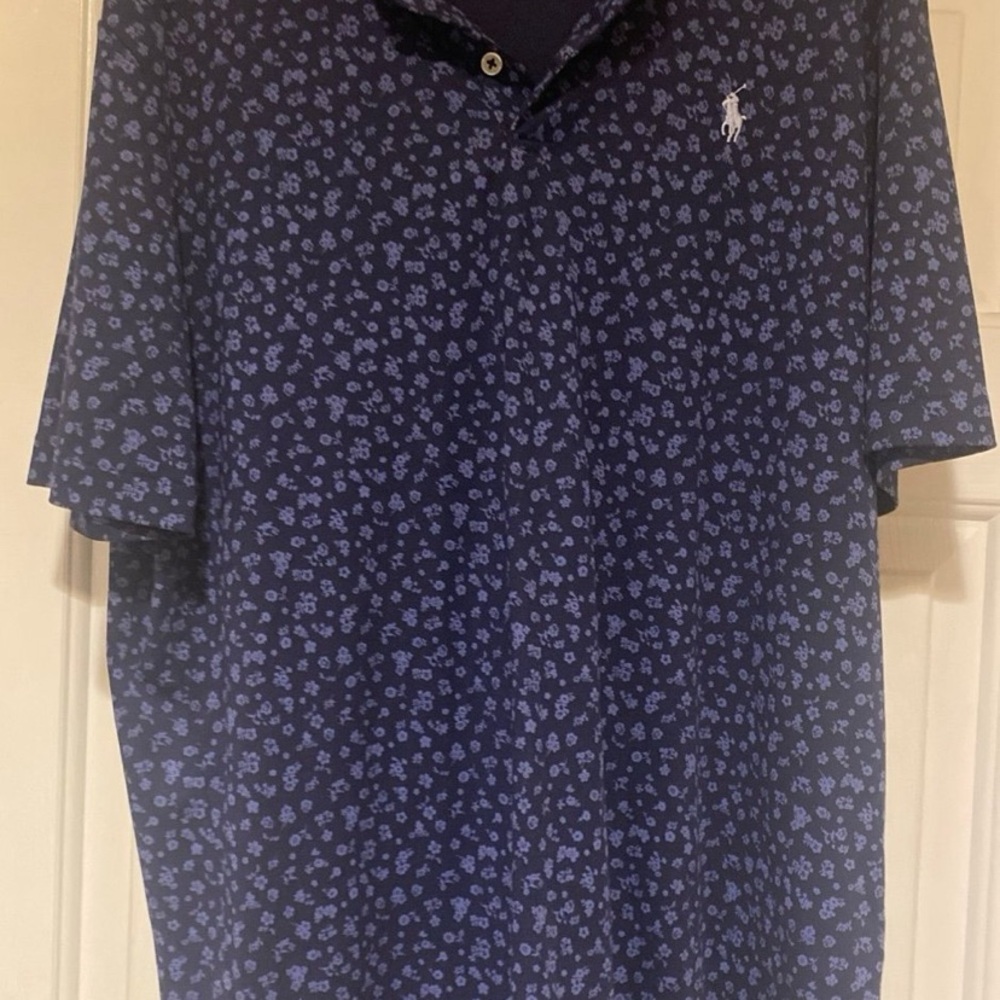 Ralph Lauren Mens Floral Blue Polo Shirt Short Sleeve Collared 3 Button Top M